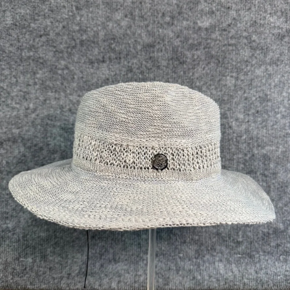 Vince Camuto Grey Knit Fedora Hat Silver Logo Crest One Size